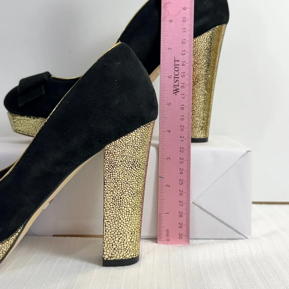 Menbur Womens‎ Heels 40 Suede Peep Toe Platform Bow Gold Block Heel Black